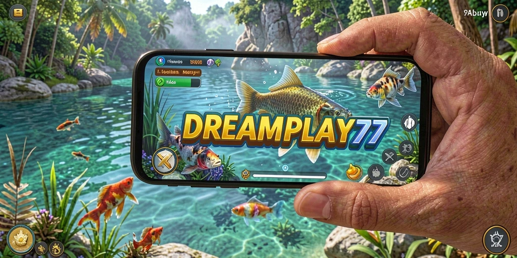 Tampilan gameplay menarik dalam <strong>DREAMPLAY77</strong> dengan lokasi memancing yang indah.