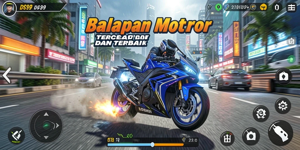 Gameplay seru dan mendebarkan dalam DS99 dengan motor balap.