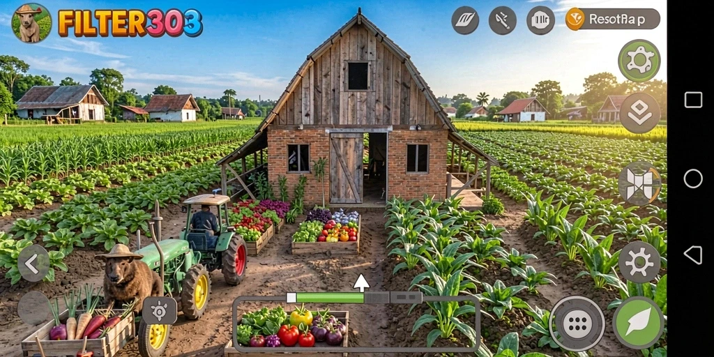 Tampilan gameplay FILTER303 yang menarik dengan berbagai tanaman dan hewan.