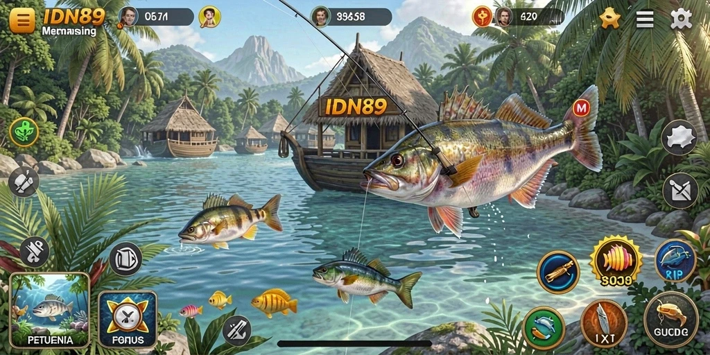 Screenshot gameplay IDN89 yang seru dan mendebarkan saat memancing.