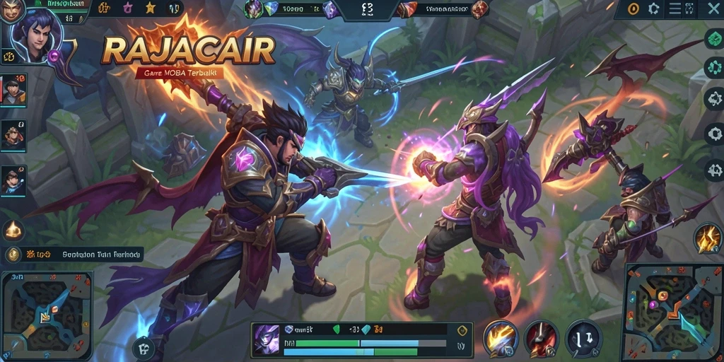Tampilan gameplay seru dalam RAJACAIR dengan pertarungan hero yang intens.