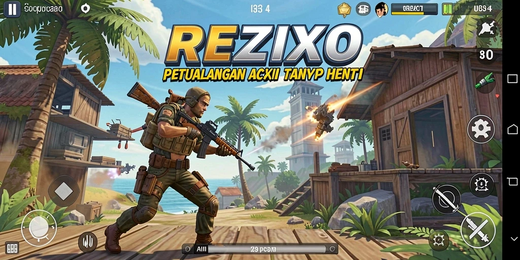 Tampilan gameplay mendebarkan dalam REZIXO, aksi penuh semangat.