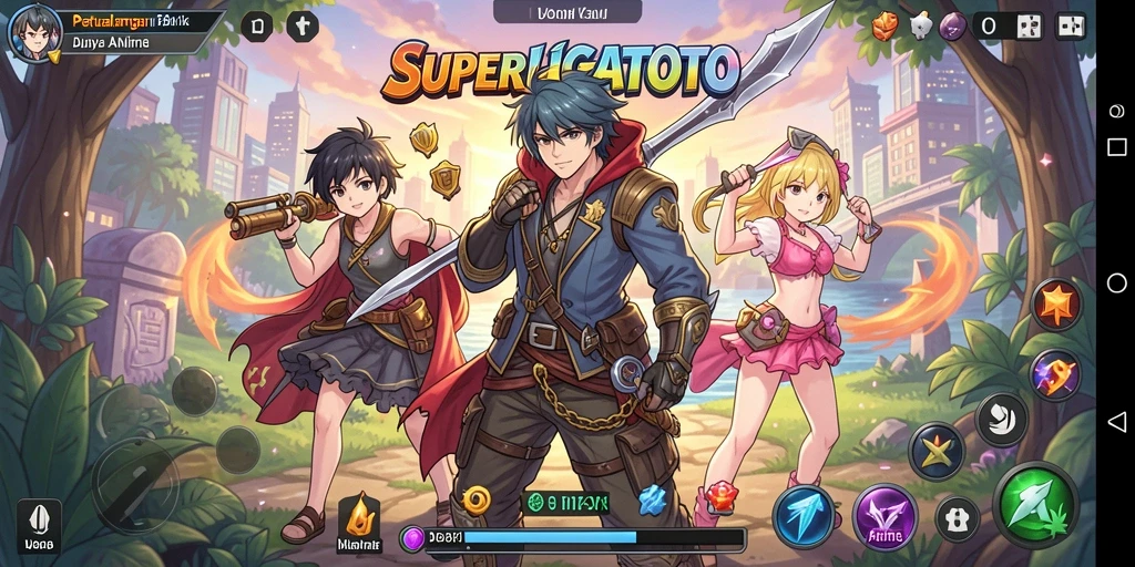 Tampilan gameplay <strong>SUPERLIGATOTO</strong> yang memukau dengan karakter anime.