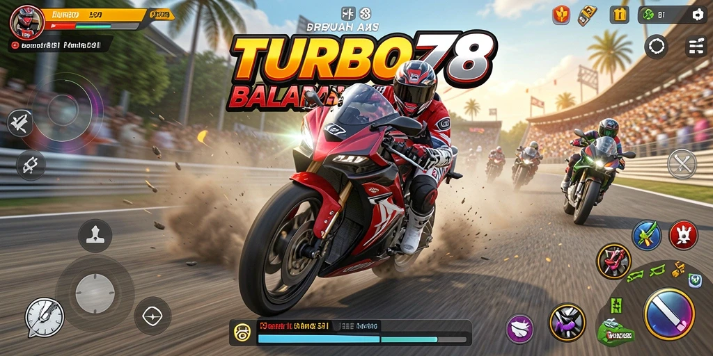 Screenshot TURBO78 menampilkan adegan balapan motor yang seru dan mendebarkan.