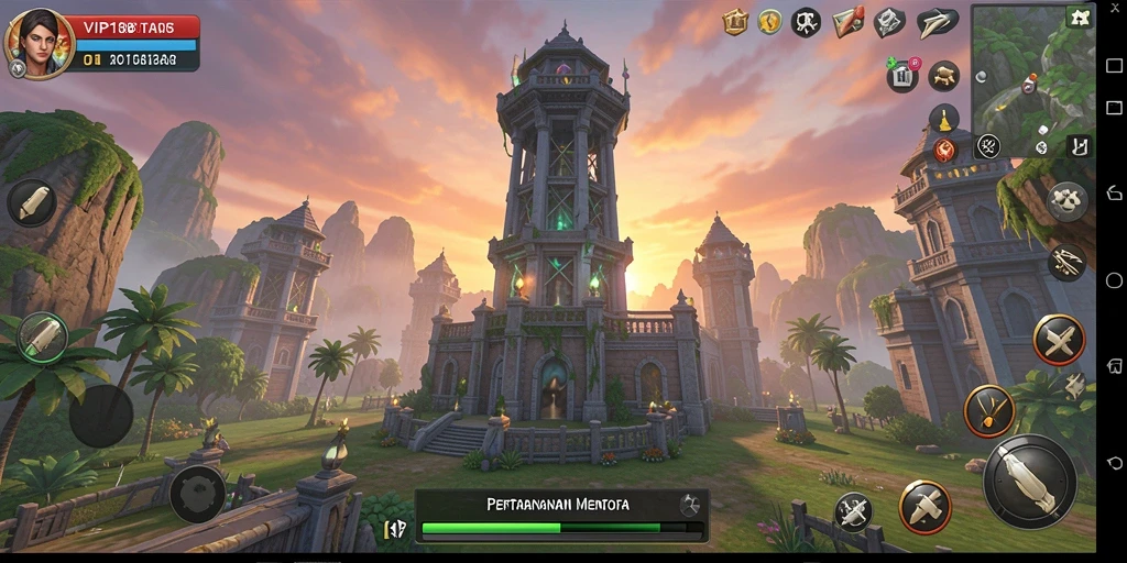 Screenshot VIP188 menampilkan aksi menara pertahanan dalam pertempuran.